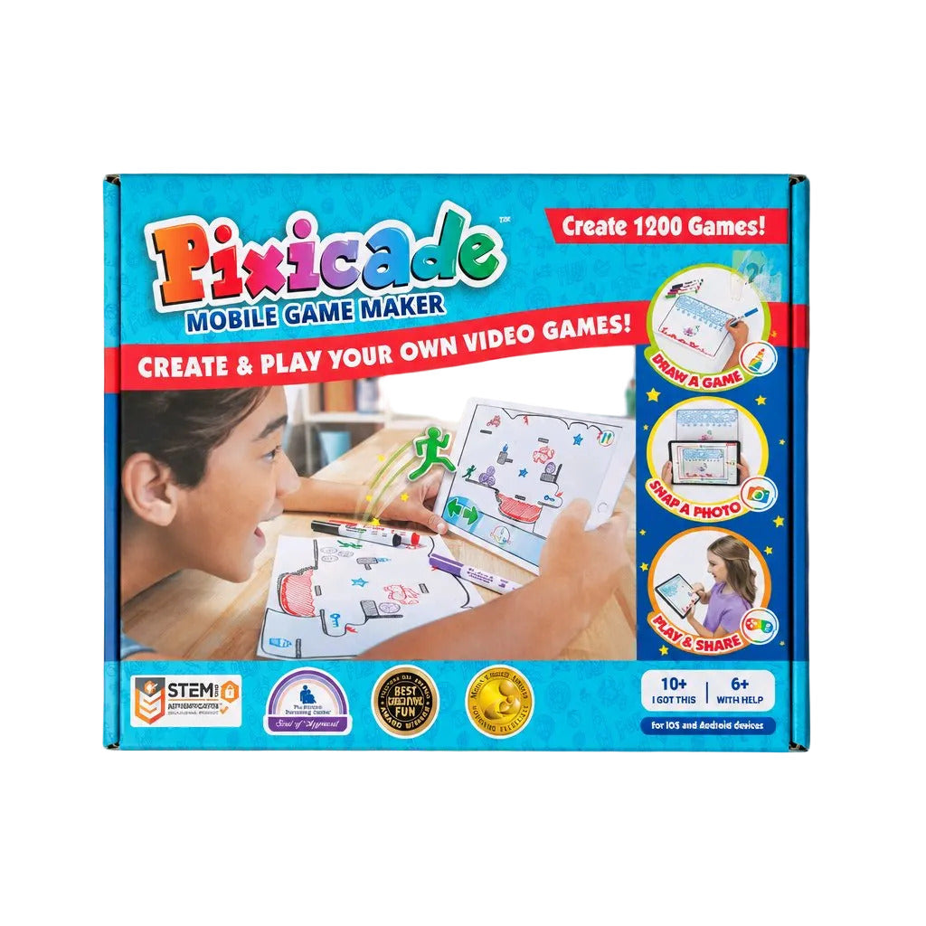 The retail packaging box for 'Pixicade Middle Game Maker' on a light gray background. The box is predominantly bright blue with a large photo of a child creating games, and features red and white text banners.