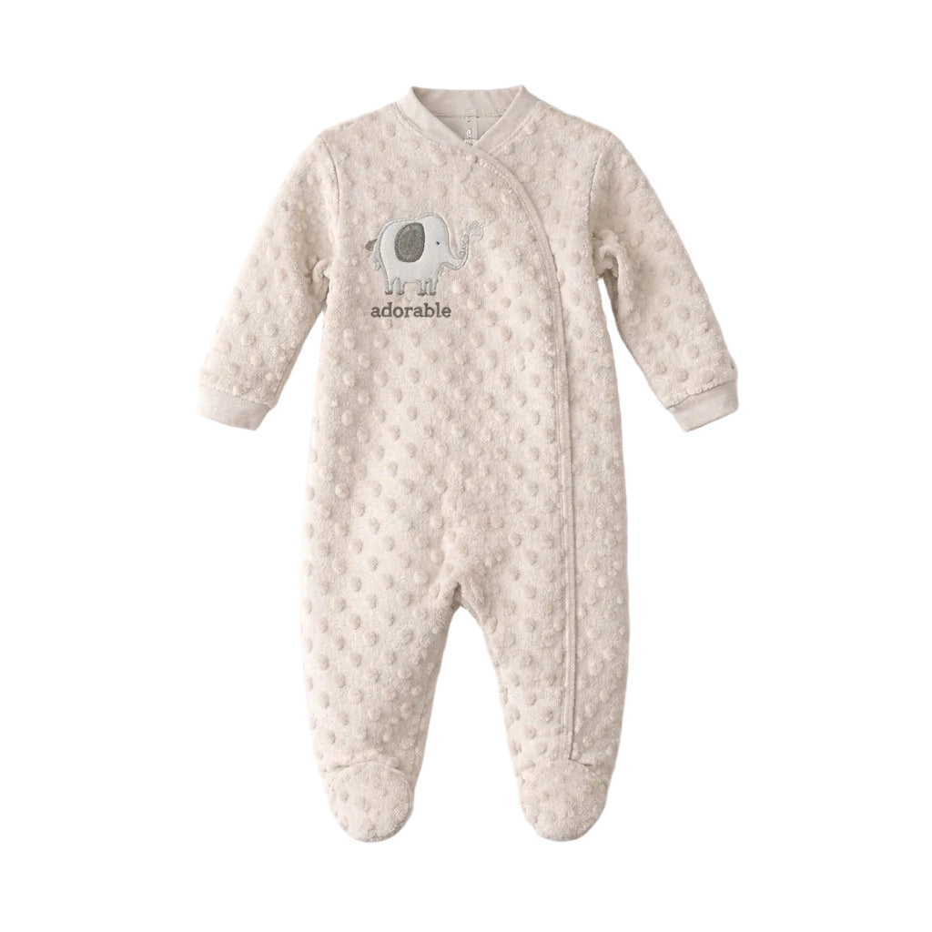 Baby onesie with polka dot pattern and 'adorable' text on a white background