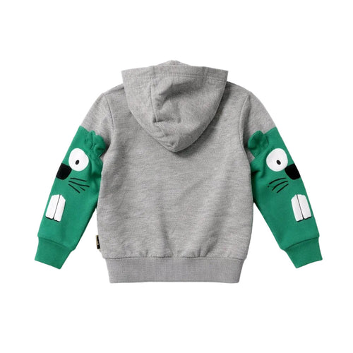 Gray hoodie with green sleeves featuring cartoon cat faces on a white background