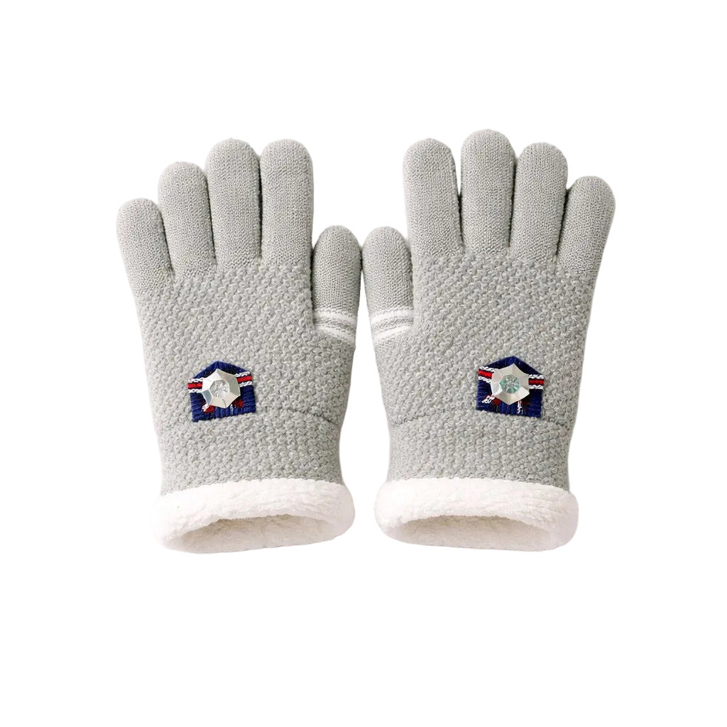 Pair of gray gloves with a logo on a white background