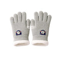 Pair of gray gloves with a logo on a white background