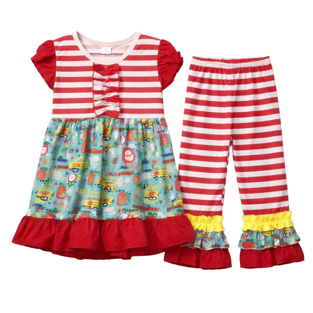 Children's outfit with red and white striped dress and pants on a white background