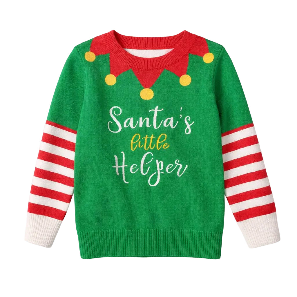 Green sweater with red and white striped sleeves and 'Santa's Little Helper' text on a white background