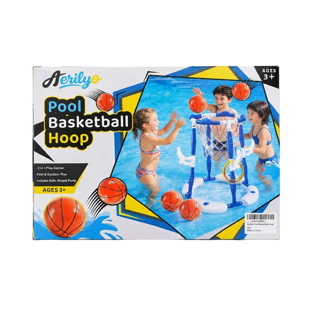 Aerilyo Pool Basketball Hoop toy set in its retail packaging, featuring a white box with blue, yellow, and black graphics showing children playing in a pool.