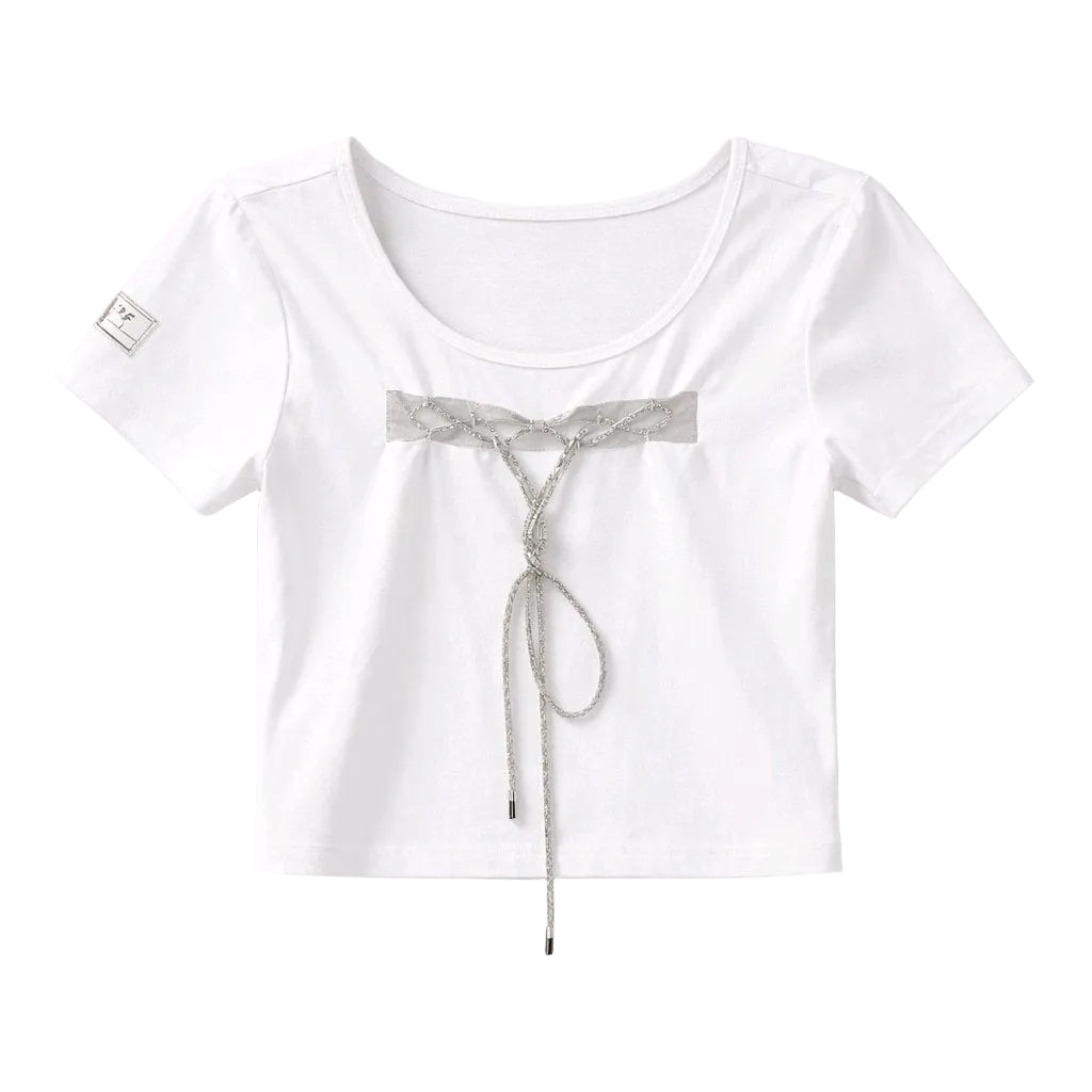 White t-shirt with a decorative bow on a light gray background