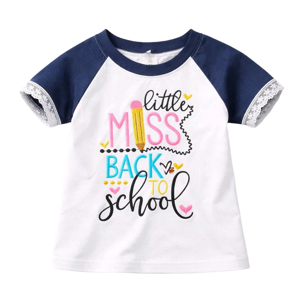 Children's t-shirt with 'little miss back to school' text on a white background