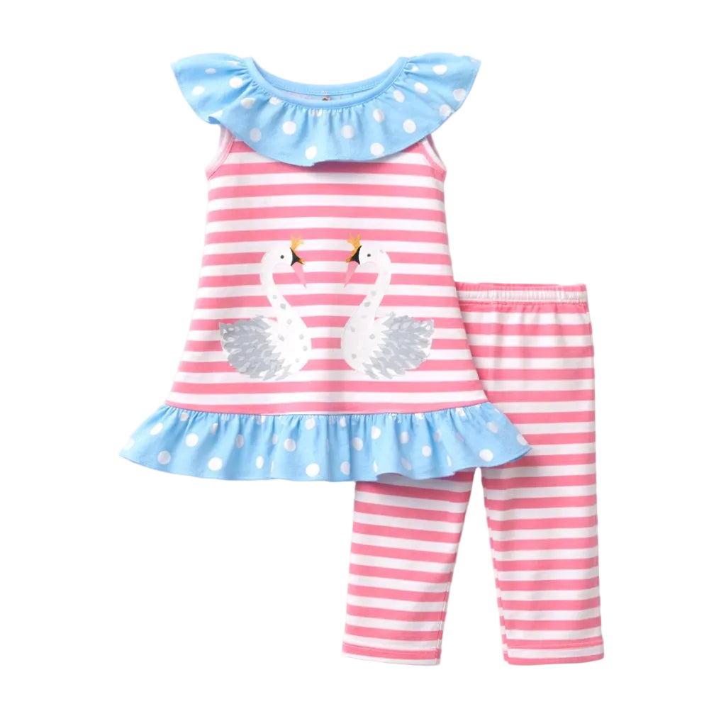 Children's outfit with pink and white striped dress and leggings on a white background