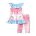 Children's outfit with pink and white striped dress and leggings on a white background