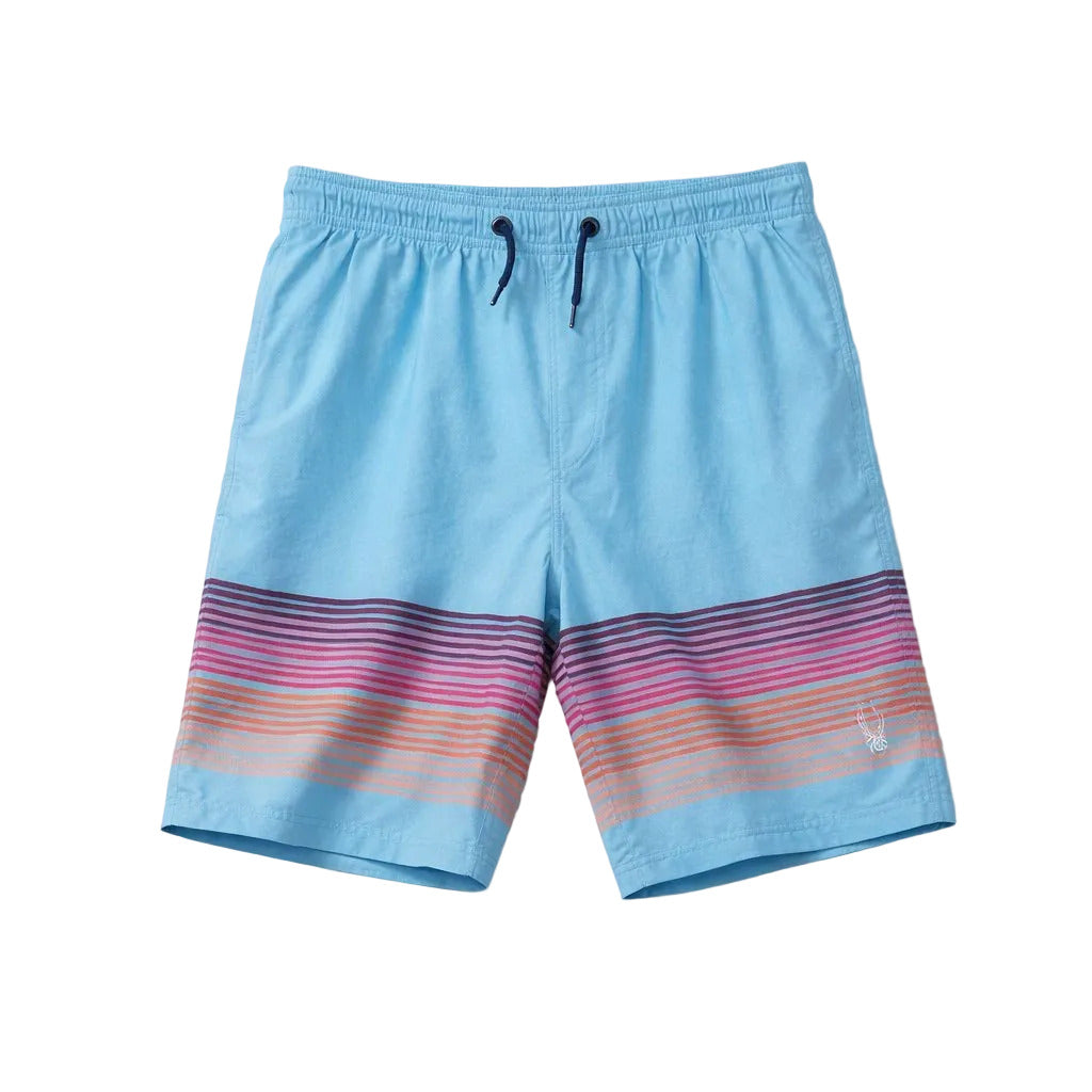 Blue shorts with colorful stripes on a white background