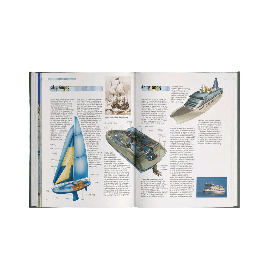 An open book showing printed pages with technical illustrations of boats and ships, photographed against a light gray background.