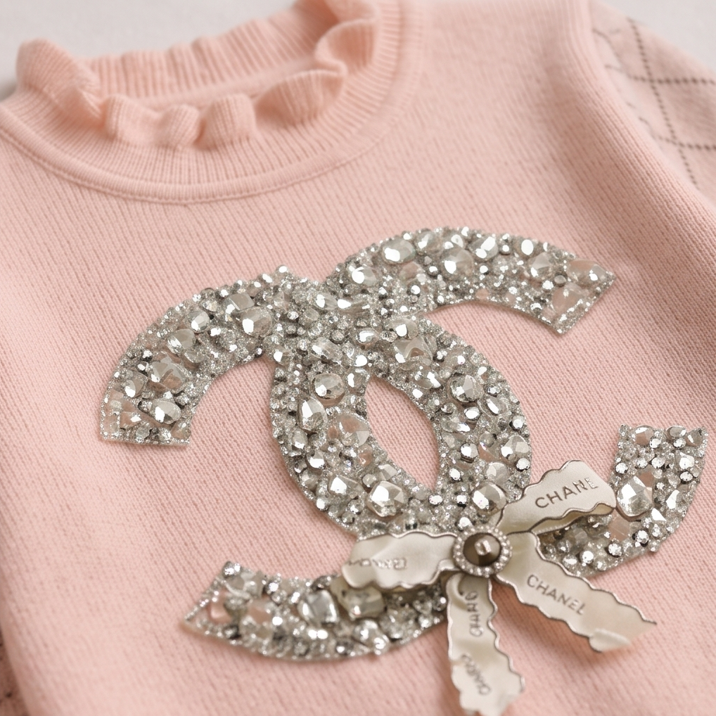 A close-up of a light pink knit garment featuring a large Chanel logo patch embellished with silver rhinestones and a small ribbon bow with engraved text.