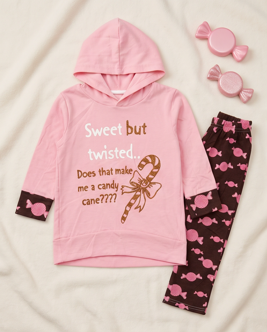 A children's two-piece pajama set laid flat on a cream fabric background. The set includes a light pink hooded sweatshirt with the text 'Sweet but twisted.