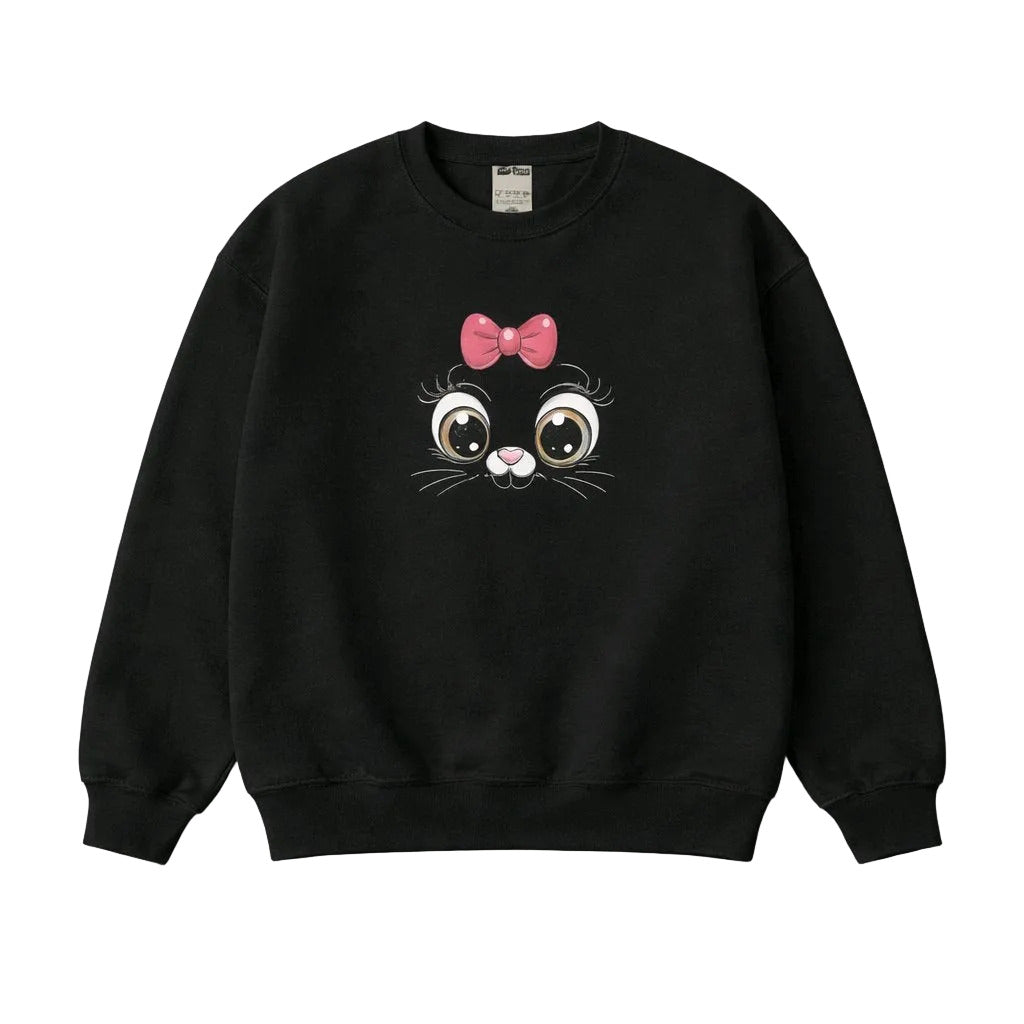 Black sweatshirt with a cartoon face design featuring a pink bow on a white background