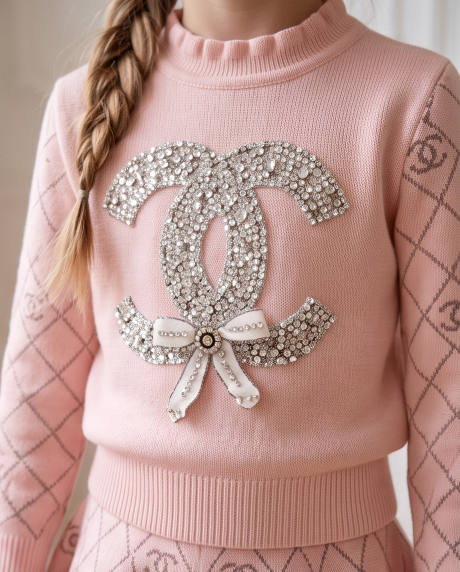 A close-up of a child wearing a light pink knit sweater featuring a large Chanel logo embellished with rhinestones and a white ribbon bow on the chest. The sleeves have a tonal Chanel logo argyle pattern.