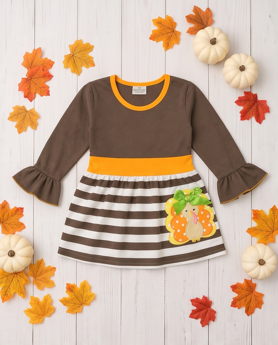 A toddler girl's long-sleeve dress with a brown top, a bright orange-yellow waistband, and a brown and white striped skirt. The skirt features a decorative applique of a cartoon pumpkin with a green bow.