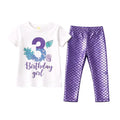 White t-shirt with '3rd Birthday girl' text and purple sequin leggings on a white background