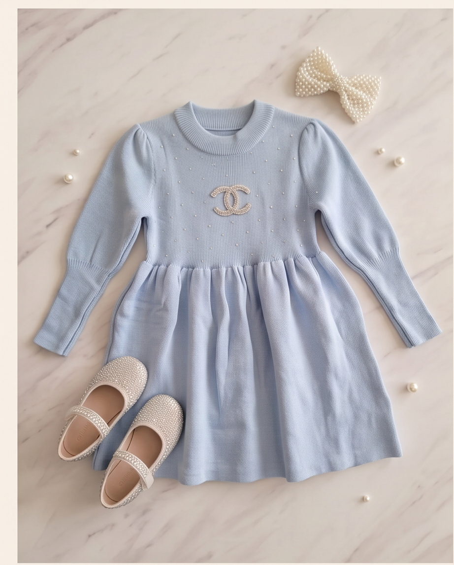 A light blue knit dress for toddlers or girls, styled in a flat lay on a light marble background. The dress features a round neckline, long sleeves, a gathered waist, and a central gold-tone Chanel logo with tiny pearl embellishments.