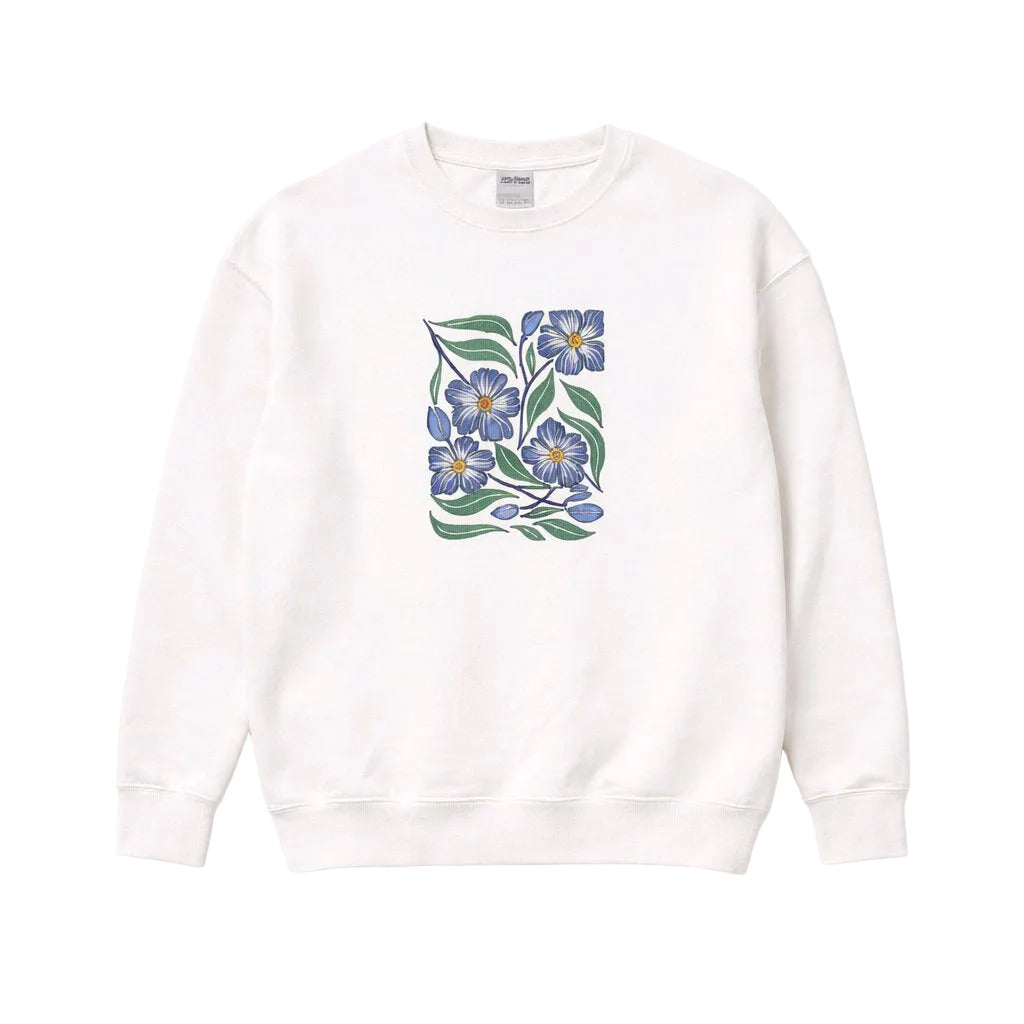 White sweatshirt with a floral design on a white background
