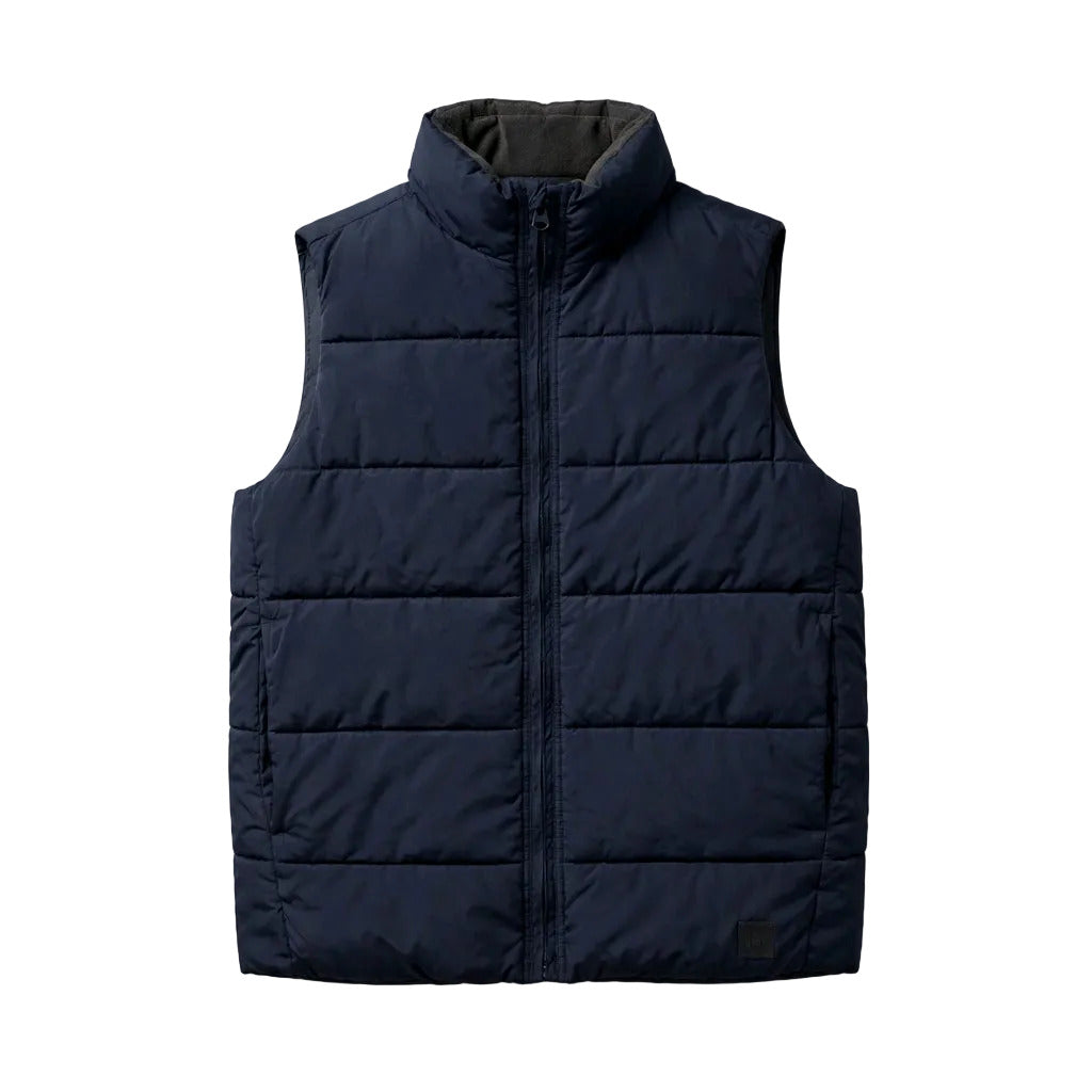 Navy puffer vest on a white background