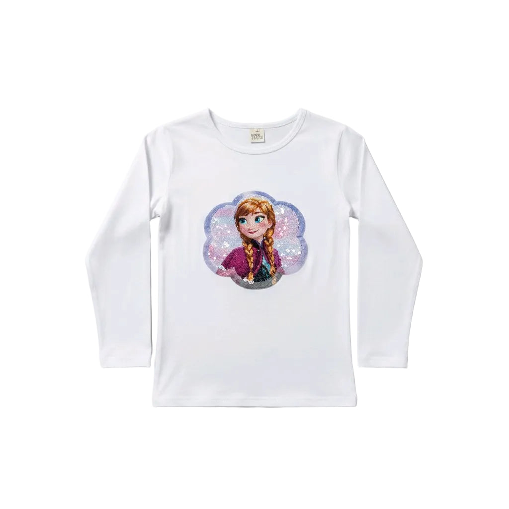 White long-sleeve shirt with a character graphic on a gray background