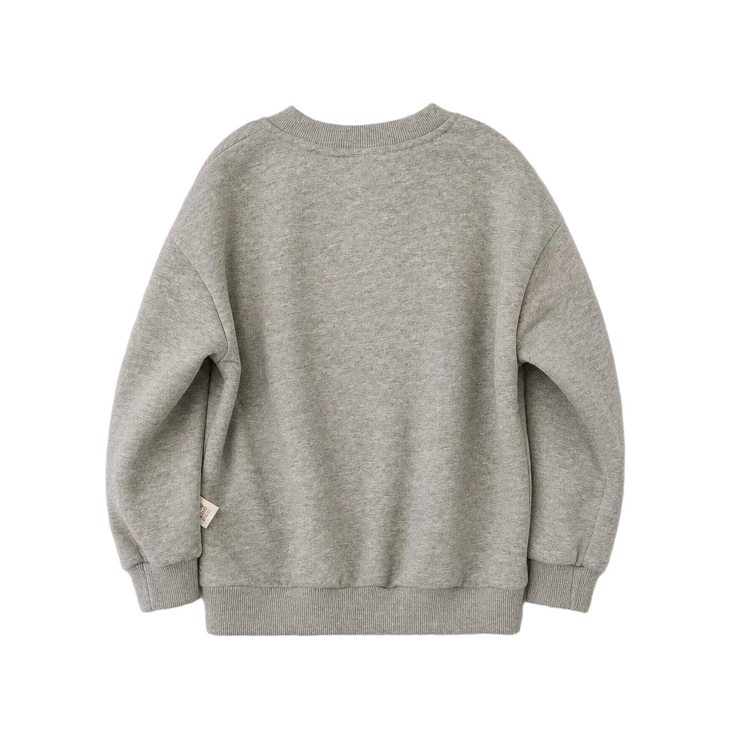 A light gray heather crewneck sweatshirt shown from the back, laid flat against a neutral light gray background.