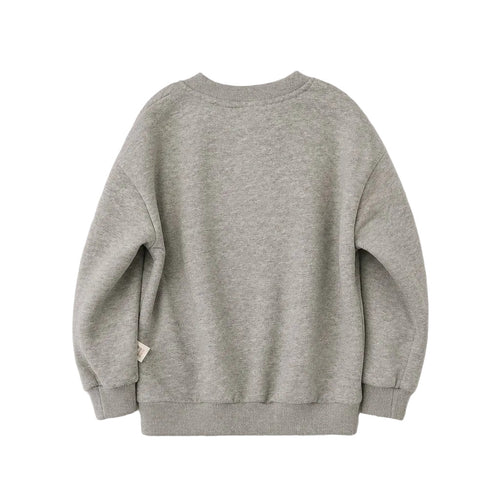 A light gray heather crewneck sweatshirt shown from the back, laid flat against a neutral light gray background.