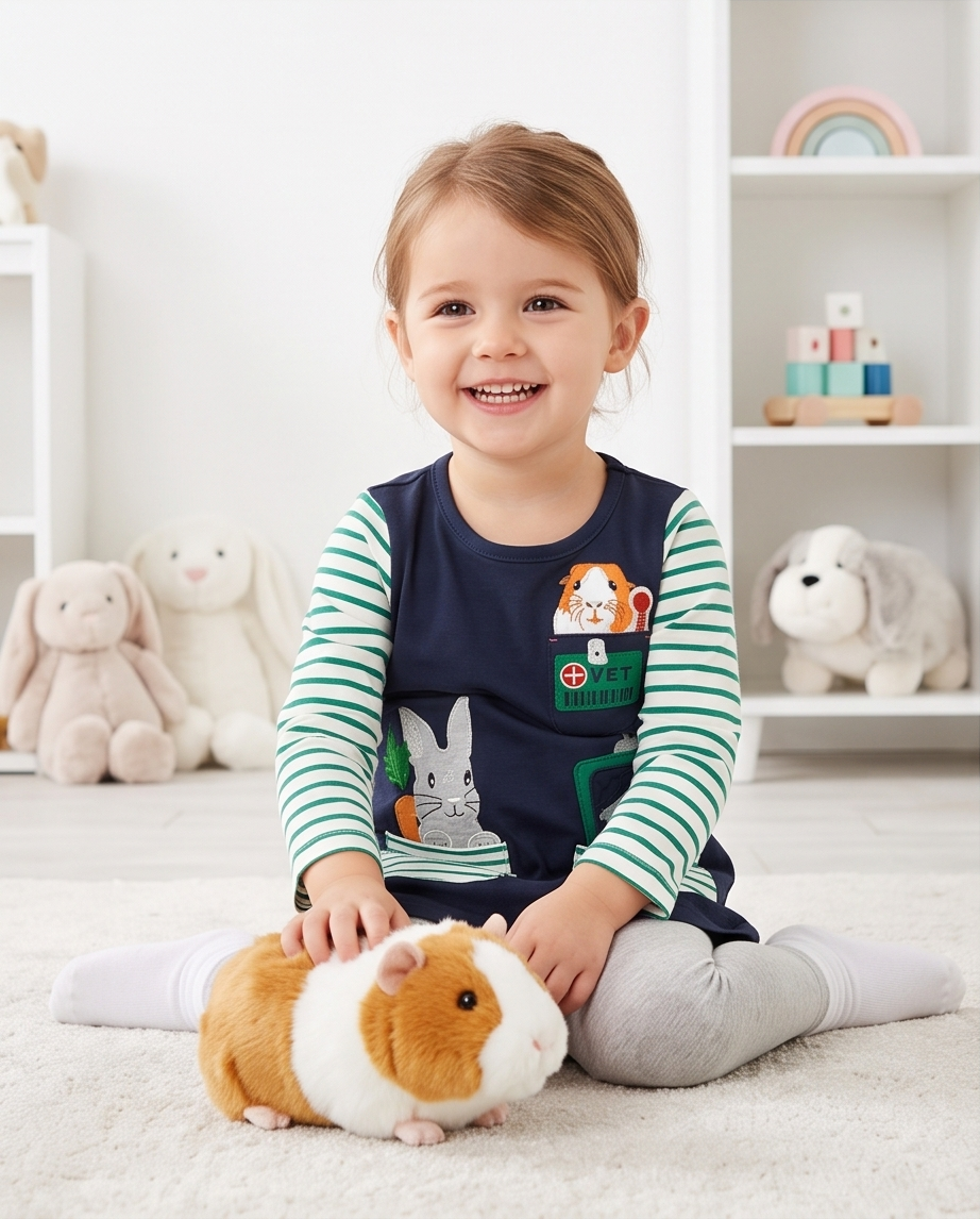 A young child sitting on a white carpet in a bright room, holding a small brown and white guinea pig plush toy. The child is wearing a navy blue long-sleeve shirt with green striped sleeves and a rabbit graphic, paired with light gray leggings.