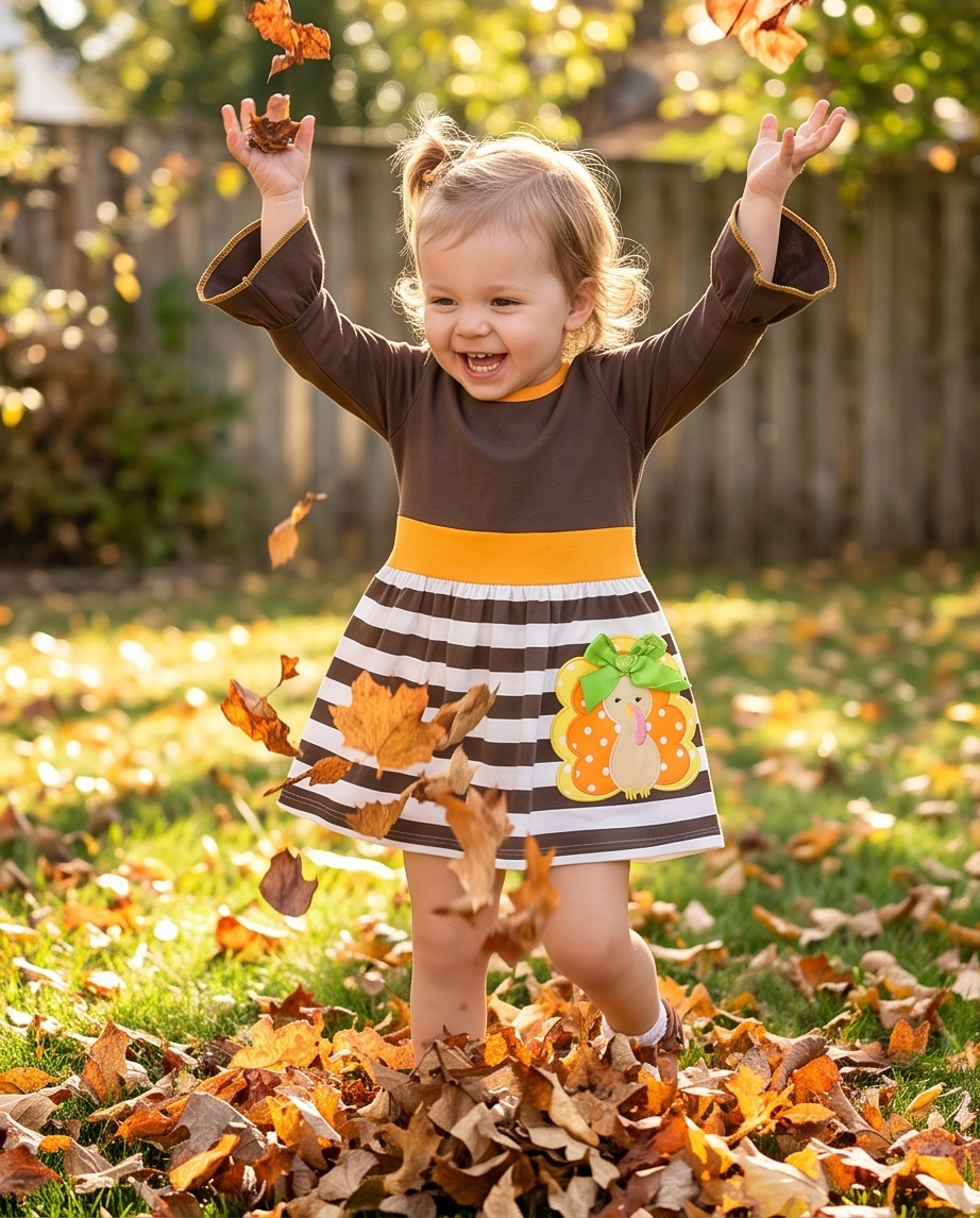 A toddler girl wearing a brown and white striped dress with a yellow waistband and a pumpkin applique, jumping happily in a pile of fallen autumn leaves outdoors.