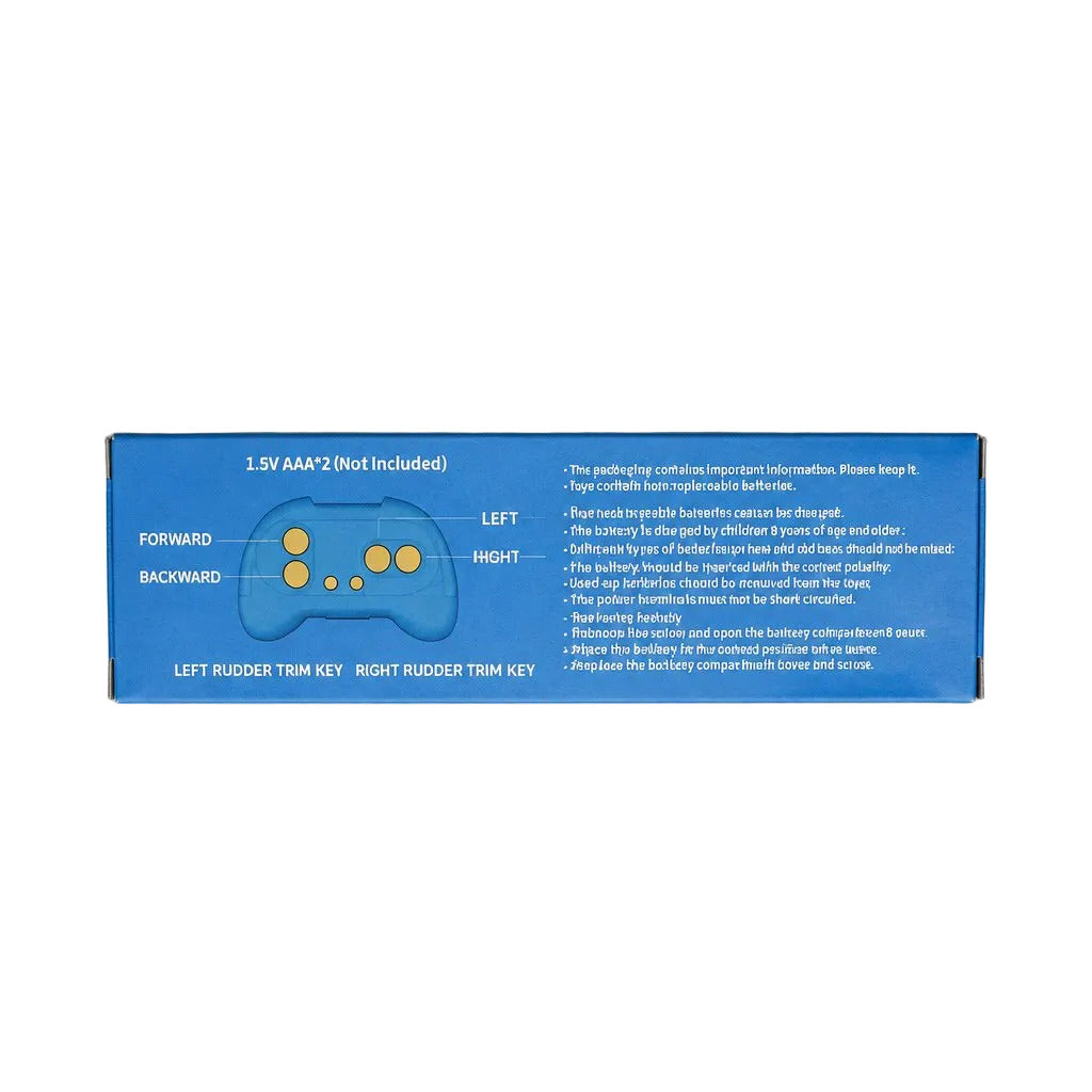 A blue rectangular product box with printed instructions and a blue joystick graphic, photographed on a light gray background.