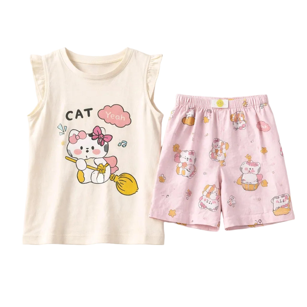 Children's sleeveless top and shorts set with cartoon character design on a white background
