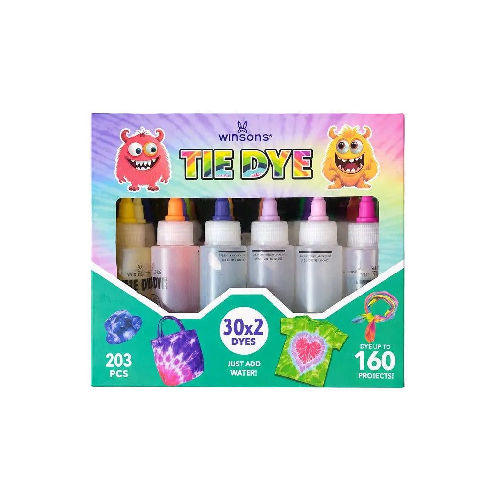 Winsmore Tile Dye watercolor set in a colorful retail box, featuring 203 pieces of watercolor paint and 160 transfer papers, displayed on a neutral gray background.