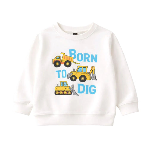 White sweatshirt with construction vehicle graphics and text 'Born to Dig' on a white background. 4t Kids White 'Born to Dig' Sweatshirt for Play