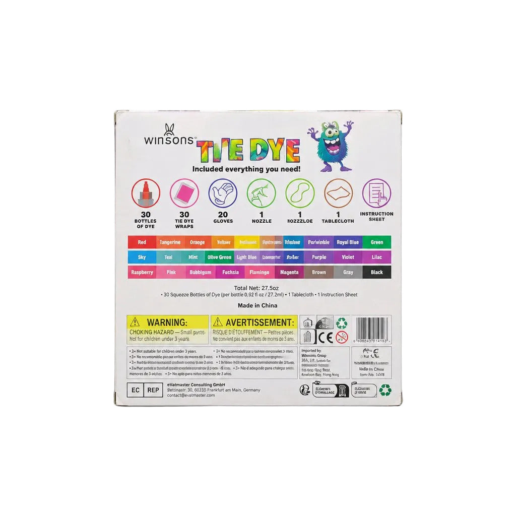 The back of a Winsons TIE DYE product box, showing included items, a color chart, and safety warnings on a light gray background.