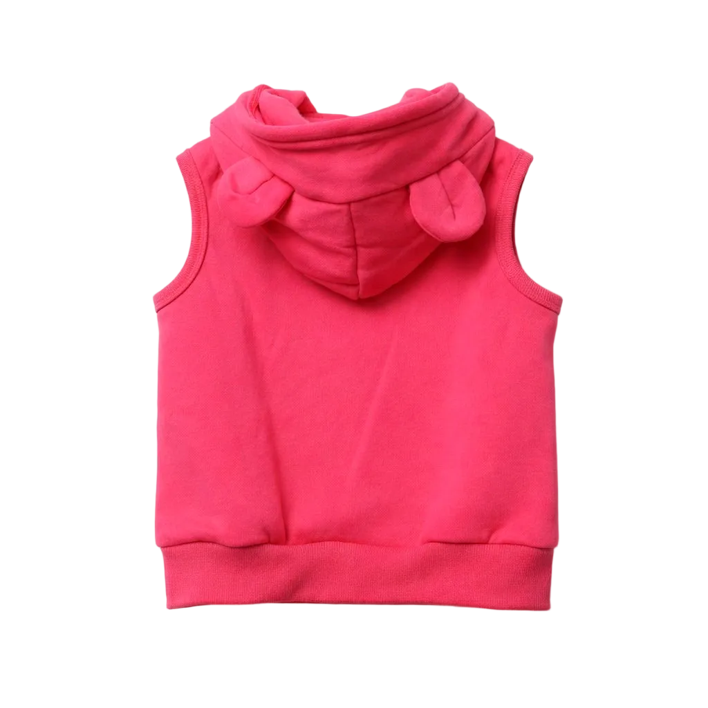 Pink sleeveless hoodie with ear details on a white background