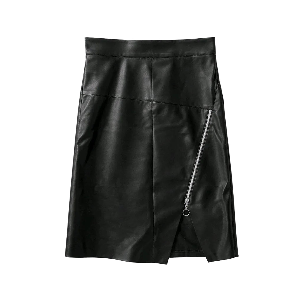 Black leather skirt with a zipper on a white background