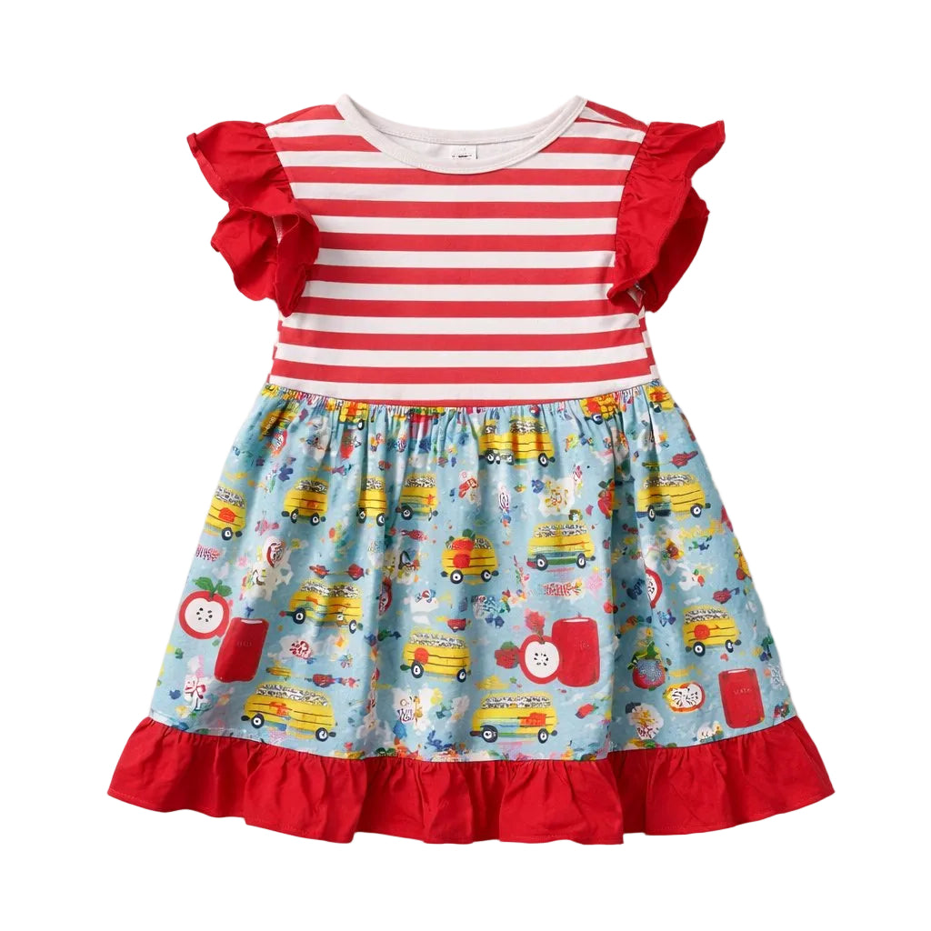Children's dress with red and white striped top and colorful skirt featuring school buses on a white background