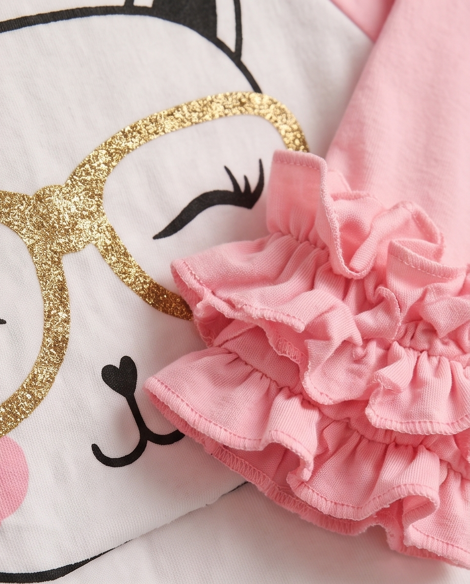Close-up of a children's garment featuring a white base with a cartoon face print, black line details, and a prominent pink ruffled trim layered over the shoulder or sleeve.
