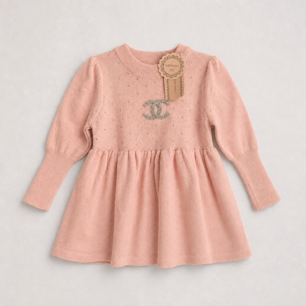 Pretty in pink rose rhinestone cotton knit dress