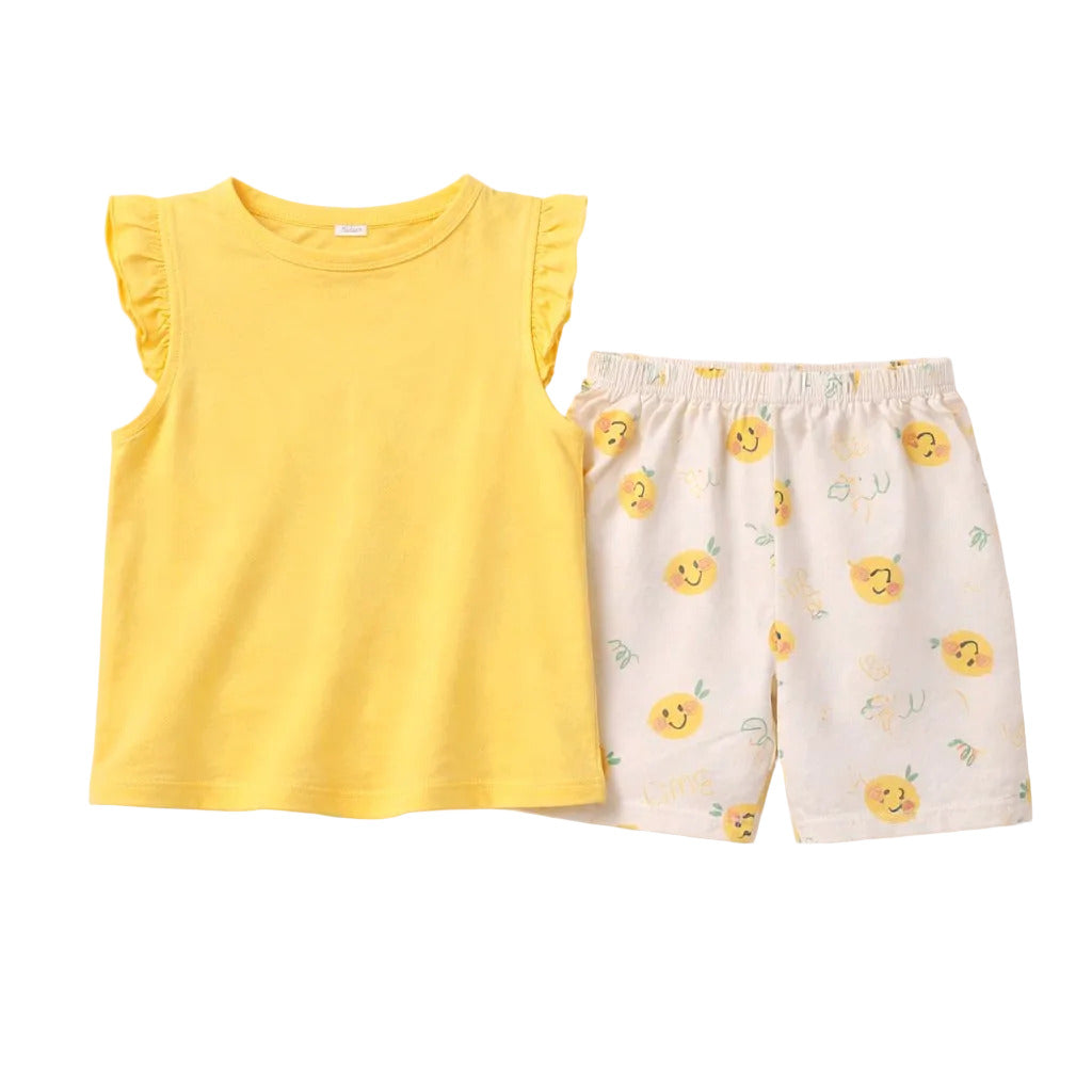Yellow sleeveless top and floral shorts set on a white background