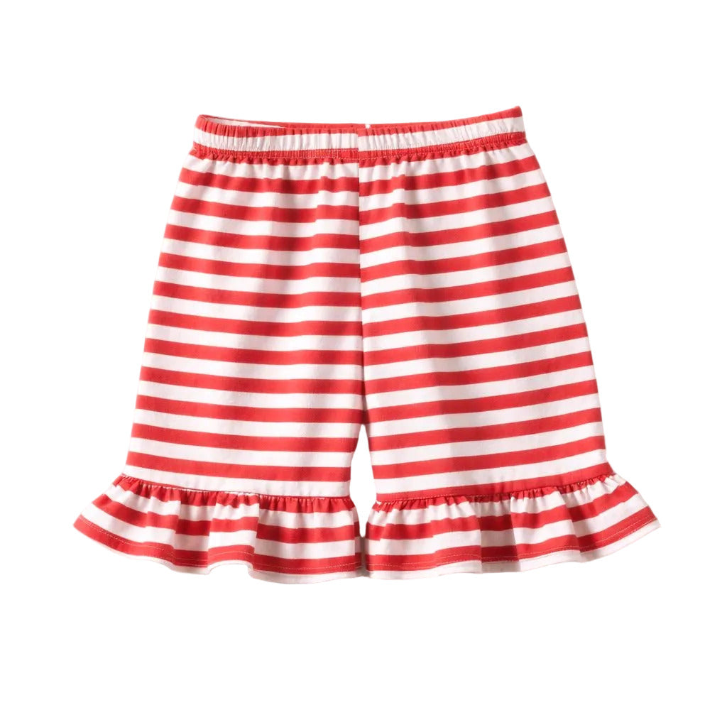 Red and white striped shorts on a light gray background