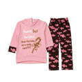 A two-piece kids' pajama set featuring a light pink long-sleeve hoodie with a candy-themed graphic and dark brown pants with a pink candy print, laid flat on a light gray background.