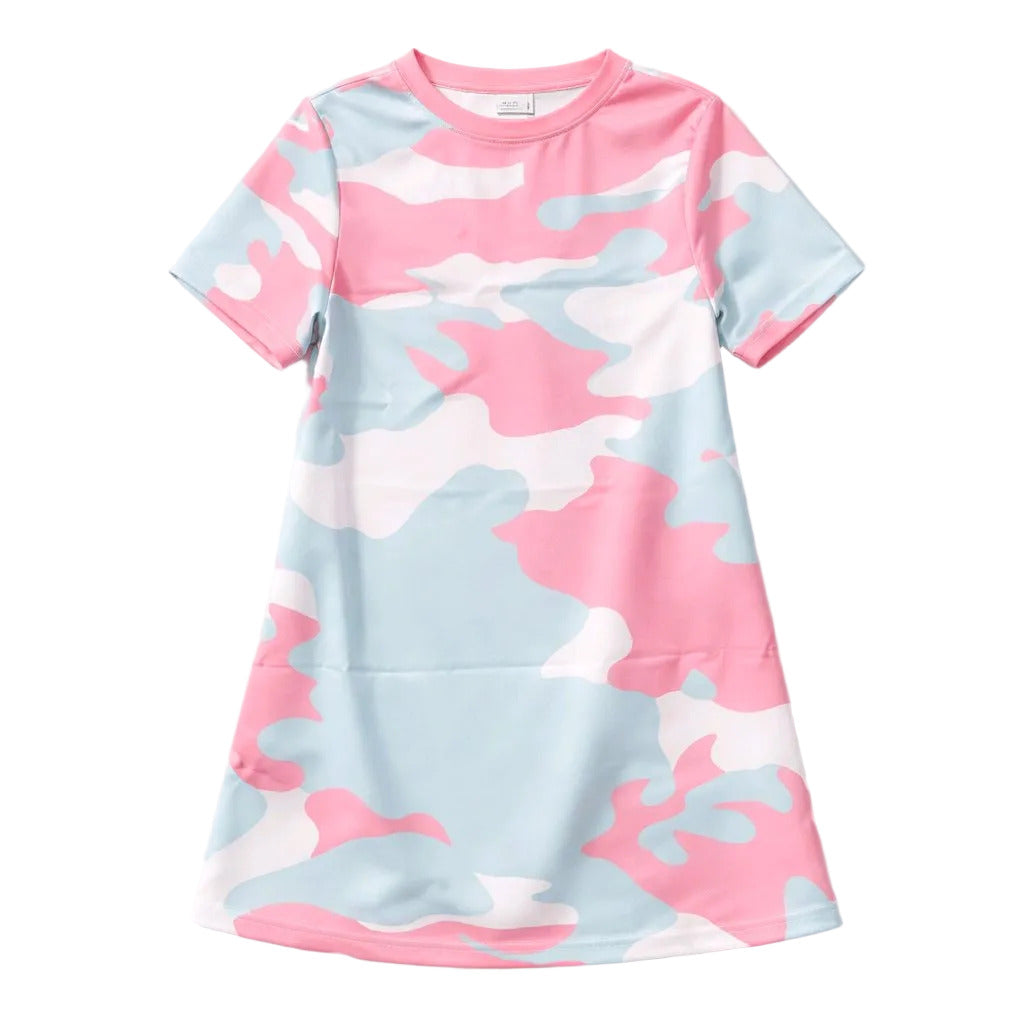Pink and blue camouflage dress on a white background