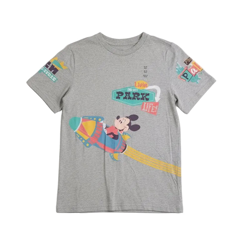 Gray t-shirt with colorful graphics and text on a white background