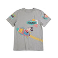 Gray t-shirt with colorful graphics and text on a white background