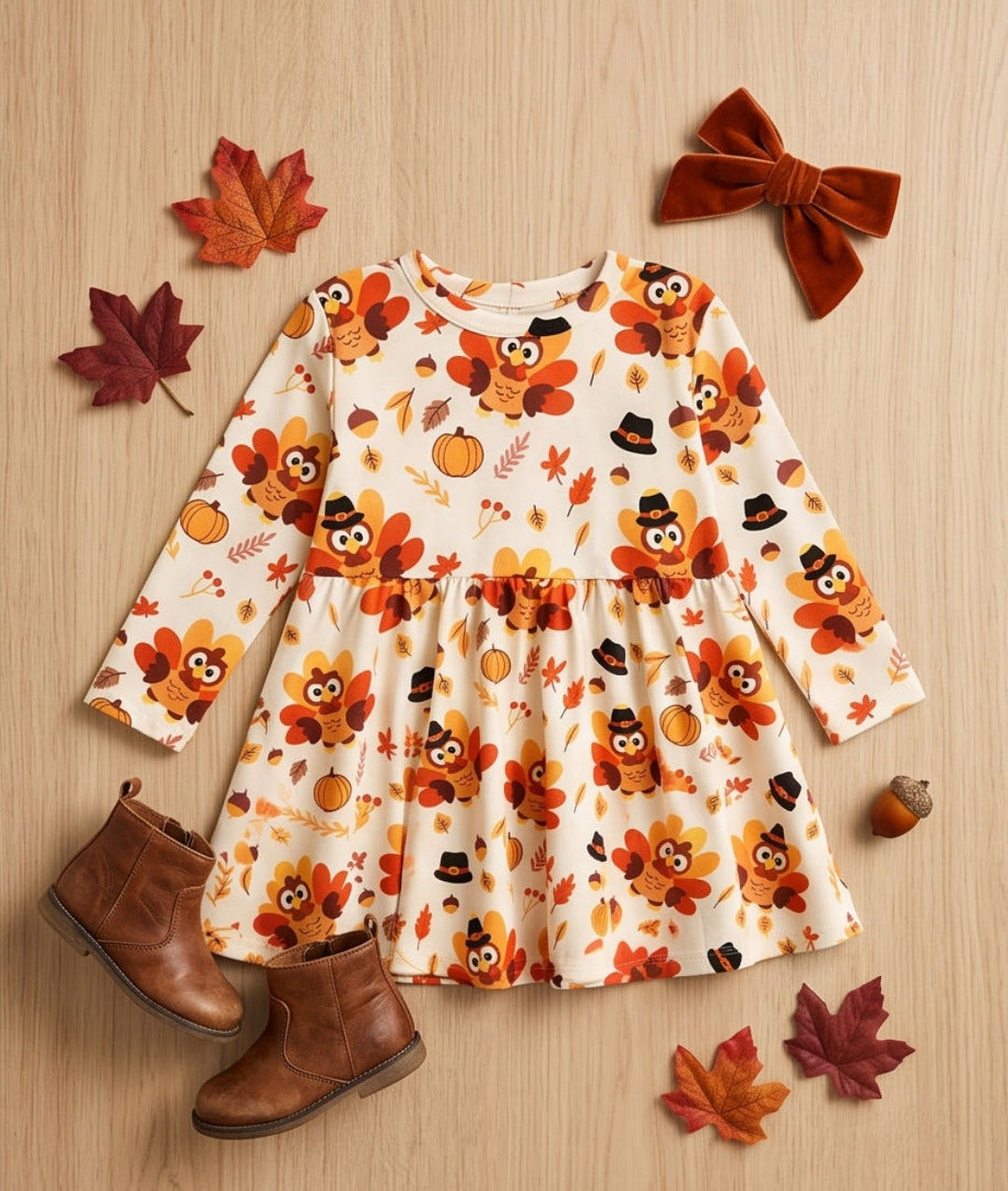 A long-sleeve baby dress with an autumn pumpkin and acorn pattern, styled in a flat lay with brown boots, velvet bows, and fall leaves on a light wood background.