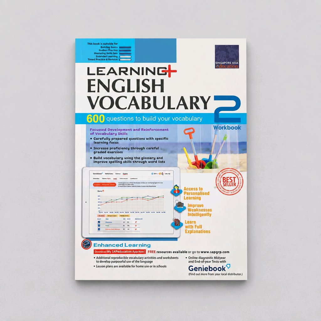 A workbook titled 'Learning+ English Vocabulary 2' shown against a light gray background. The cover is predominantly white with blue and yellow accents, featuring a tablet screen mockup and small illustrations of colorful pencils and tools.