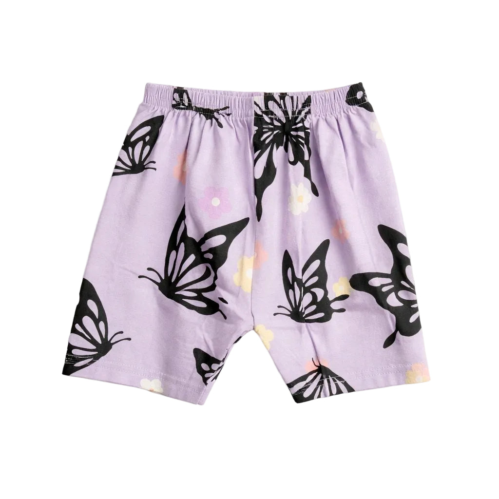 Purple shorts with black butterfly patterns on a white background