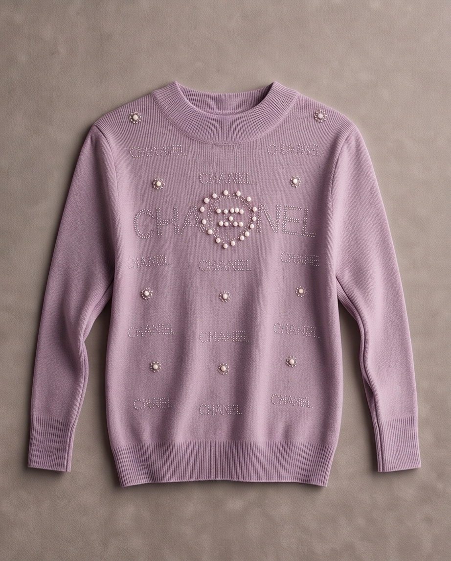 A lavender purple Chanel crewneck sweater featuring a central heart-shaped pearl and crystal logo, surrounded by repeated 'CHANEL' text and small crystal embellishments, laid flat on a textured gray background.