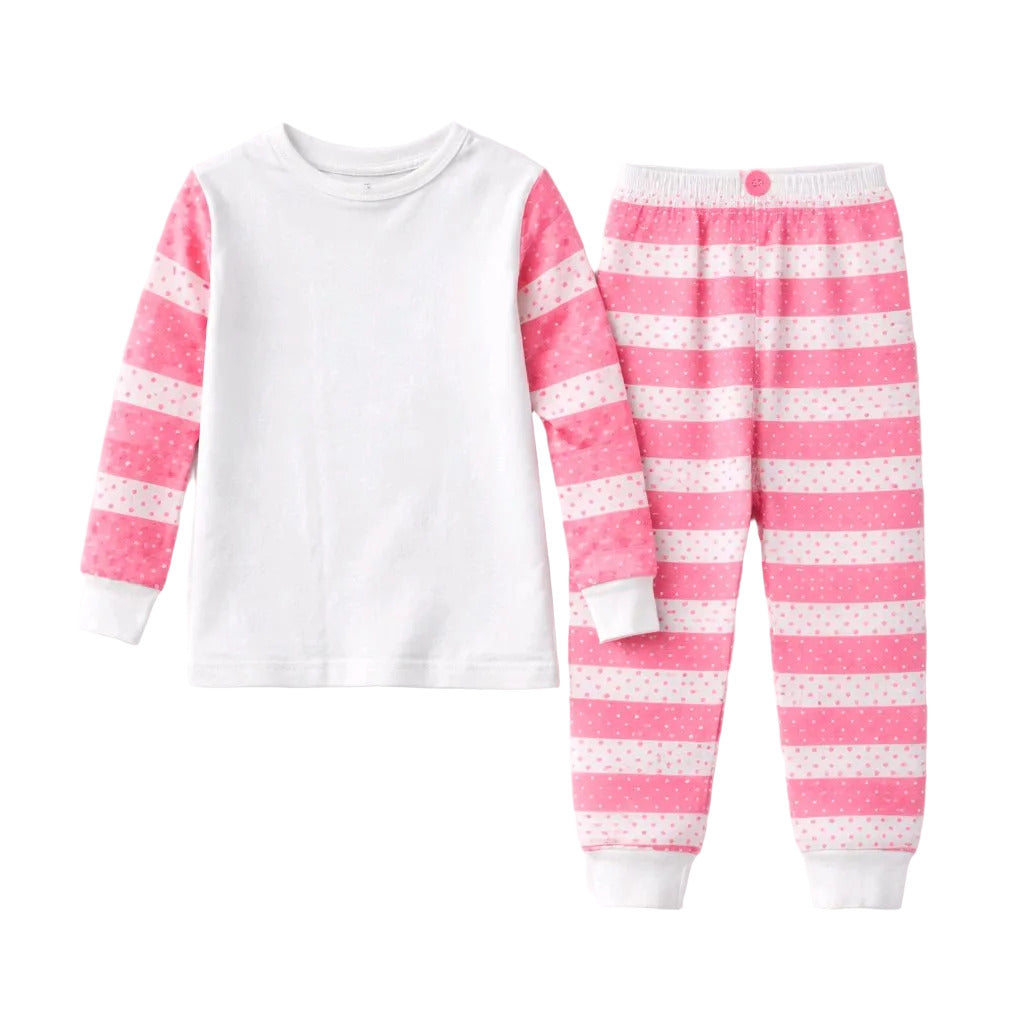 Children's pajama set with pink and white striped top and pants on a light gray background