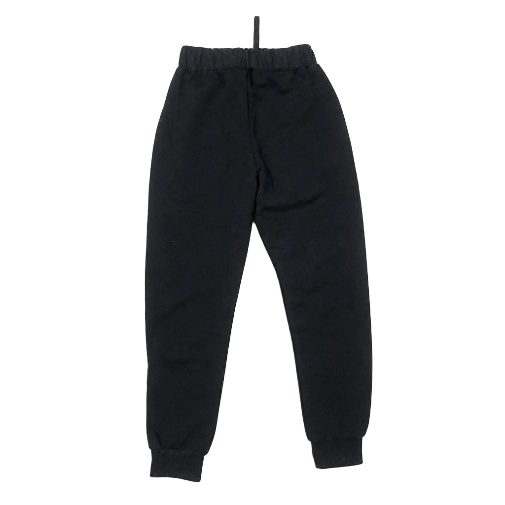 Black jogger sweatpants with an elastic waistband and ribbed ankle cuffs, laid flat on a light gray background.